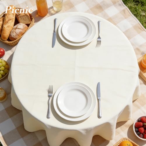 WIGENIUS 6 Pack Round Table Cloth 90 Inch Ivory Cloth Fit 5FT Round