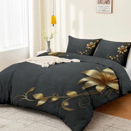 Dark Gray Duvet Cover King Size, Luxury Vines Leaves Florals Soft