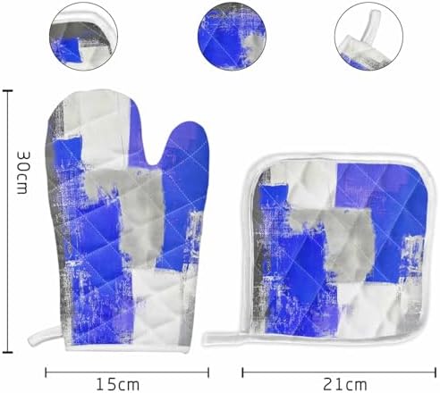 Quilted Cotton Terry Cloth Oven Mitt, Pot Holder Blue Grey White Smear