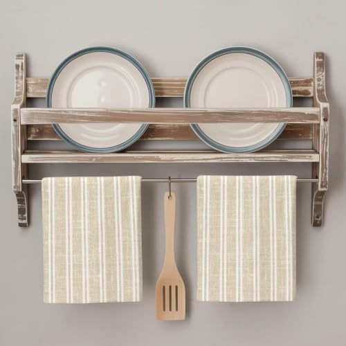 Beige White Stripes Kitchen Towels Set of 3, Rustic Warm Beige Lines