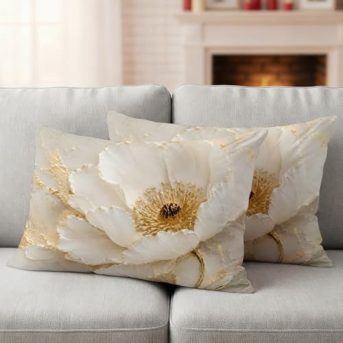 Cream Gold Flowers Outdoor Pillow Covers 20x12 Inch Lumbar Pillow
