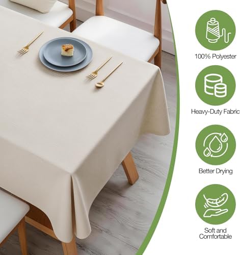 Faux Linen Tablecloth, 100% Polyester, 60 x 102 Inches, Beige