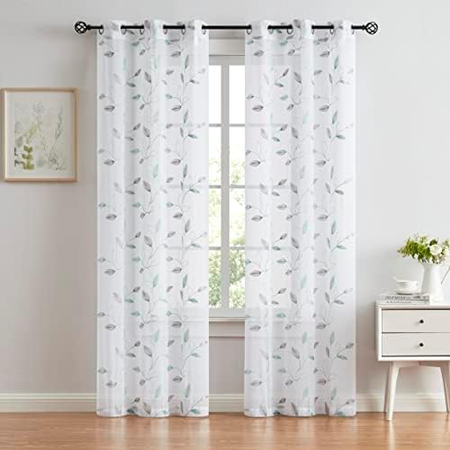 Bujasso Embroidered Leaf Sheer Curtains, Gray Teal 38" Wx63 Lx2