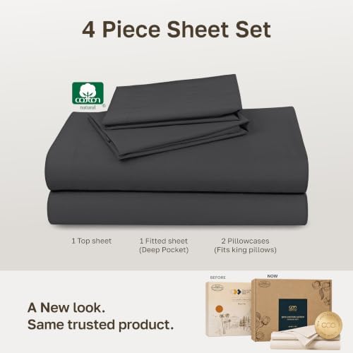 Soft Natural 100% Cotton Sateen Deep Pocket King Sheet Set, Dark Grey