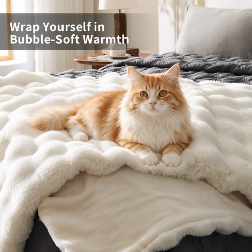 IFNOW Cozy Faux Rabbit Fur Bubble Blanket King Size,Cream,108"x90"