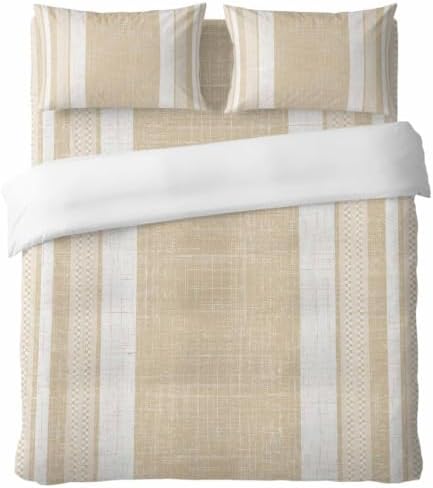 Beige Stripes Queen Size 4 Piece Duvet Cover Set, Minimalist Cream