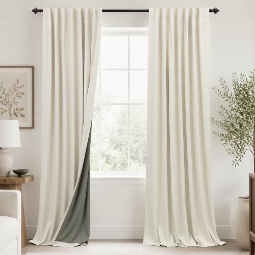 KOUFALL 108 Inch Cream Linen Blackout Curtains, 9ft Long Sun Blocking