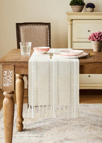 Hemstitched Farmhouse Table Runner, Beige 13x36 Inch, Cotton Linen
