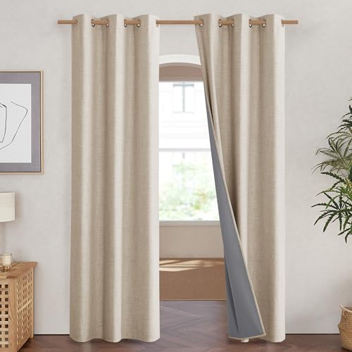 NICETOWN Cream Full Blackout Boho-Chic Linen Curtains 84 inch Long 2