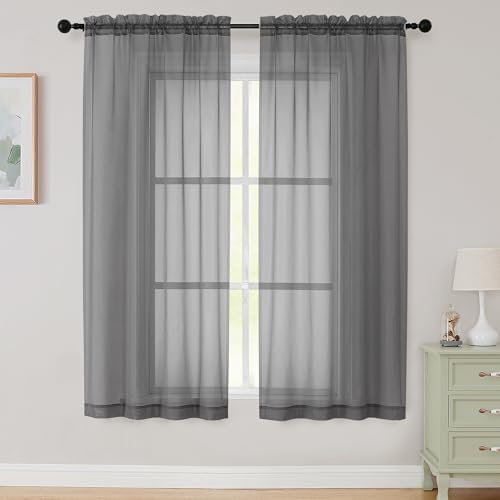 Sheer Grey Curtains for Bedroom Living Room 63 Inch Length 2 Panels