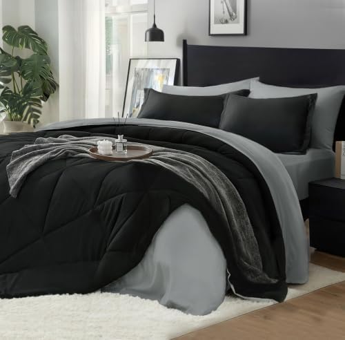 BEDELITE Queen Comforter Set 7 Pieces, Reversible Black Bed in A Bag
