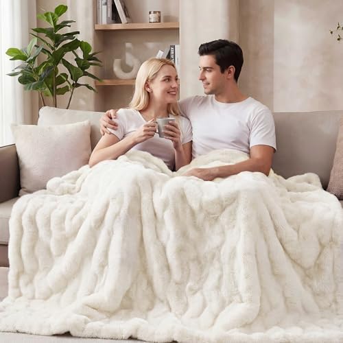 ORINOVA Light Beige Fluffy Blanket King Size Faux Bunny Fur Fuzzy