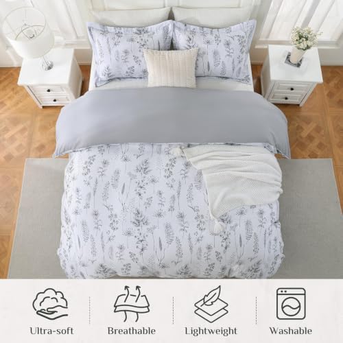 JOLLYVOGUE Floral Duvet Cover King, 3Pcs Reversible Grey Duvet Cover
