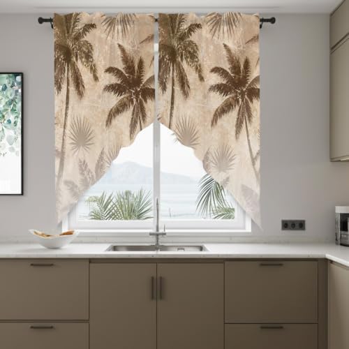 Brown Palm Trees Swag Valance Curtains Vintage Gray Palm Fronds