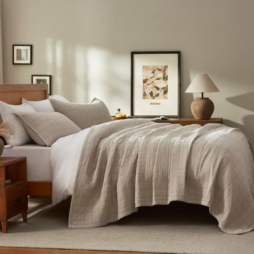 LEAONME Cotton Quilt Set California King, Beige Extra Wide Coverlet