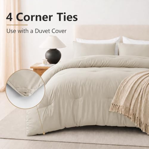 CozyLux Oversized Queen Comforter Set, 3 Pieces Beige Quilted Bedding