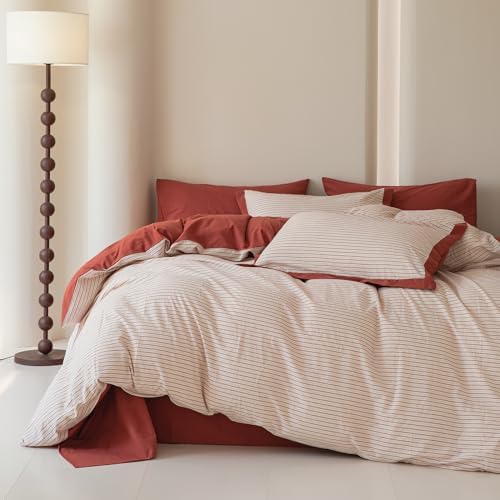 SUSYBAO Neutral Pinstripe Duvet Cover King 100% Washed Cotton 3 Pieces