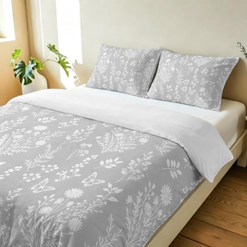 3 Pieces Bedding Set Queen Size, Grey Botanical Soft Duvet Covers Set