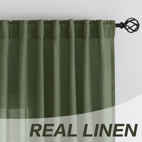 Olive Green Linen Back Tab Curtains 96 Inches Long 2 Panels Set for