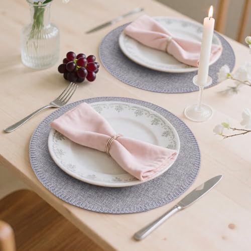 15" Round Placemats Set of 6, Faux Linen Cloth Place Mats, Grey