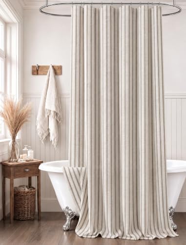 Farmhouse Striped Shower Curtain Taupe Vintage Linen Curtain 72"W X