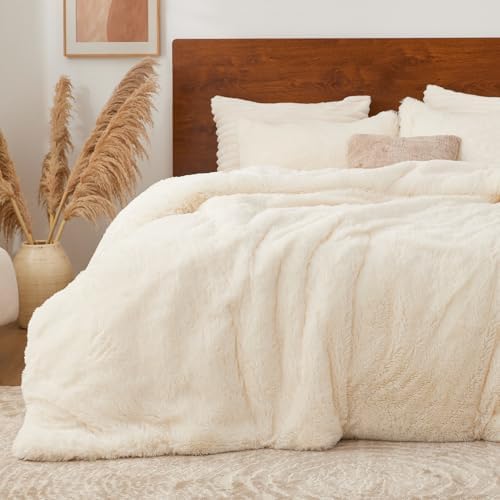 BEDELITE Cream White Fluffy Comforter Set King, Fuzzy Faux Fur