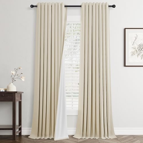 Jowels Warm Beige Linen Grommet Blackout Curtains 108 Inch Long for