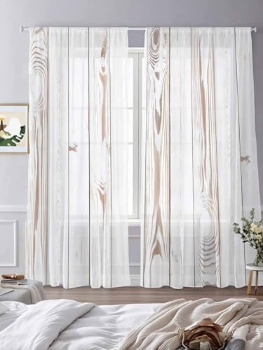 White Wood Grain Sheer Curtains 108 Inch Length 2 Panels Set, Country