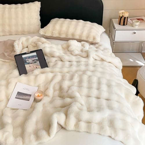 MERRYLIFE Luxury Faux Rabbit Fur Throw Blanket for Couch Bed Beige