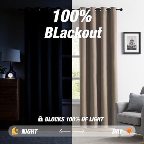 KangBang Brown Blackout Linen Curtains 108 Inches Long 9FT 2 Panels