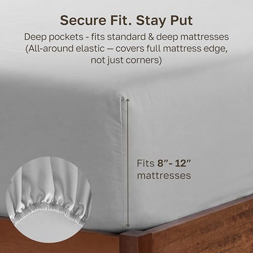 Soft Natural 100% Cotton Sateen Twin XL Fitted Sheet, Light Grey