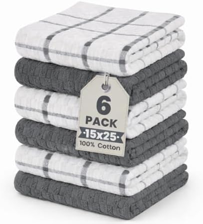 GOLD TEXTILES Kitchen Towels 6 Pack, Waffle Weave Cotton, 15x25in