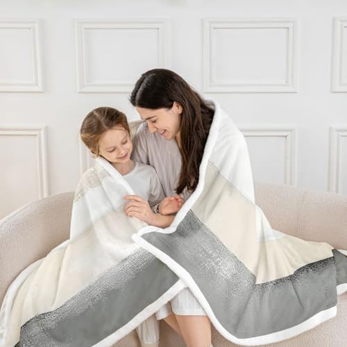 jejeloiu Gray Beige White Sherpa Blanket Plush Fuzzy Modern Abstract