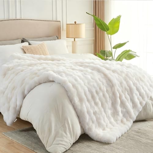 NEWCOSPLAY Faux Fur Fluffy Bubble King Blanket for Couch, Ivory