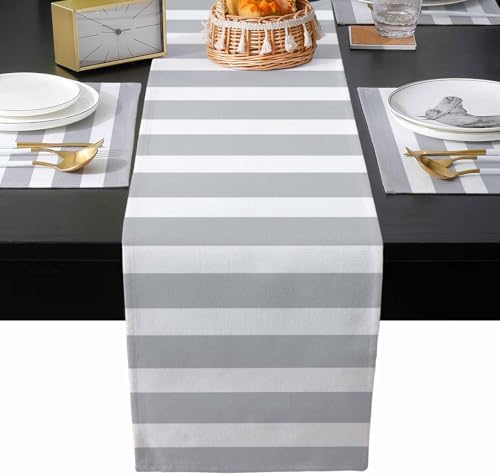 Gray Striped Table Runner and Placemats Set of 4 Modern Farmhouse