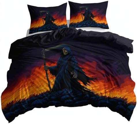 King Duvet Cover Set Gothic Skull Grim Reaper Bedding with Reversible