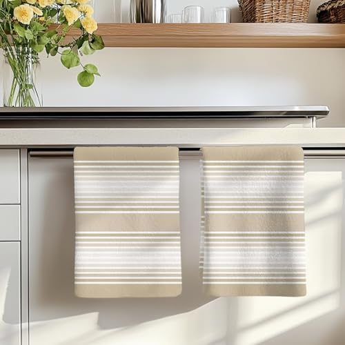 Beige Striped Kitchen Towels Set of 3, Absorbent Dish Towels for