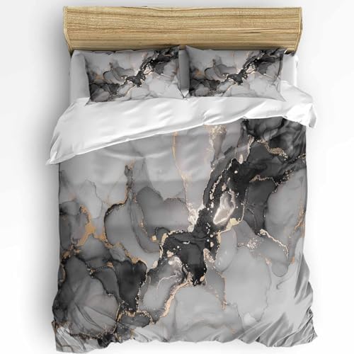 Duvet Cover Set Queen, Marble Texture Watercolor Gray 3 Piece Bedding