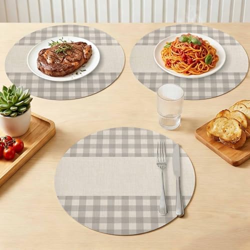 Round Placemat Set of 6 Gray Buffalo Check on Retro Linen Faux Leather