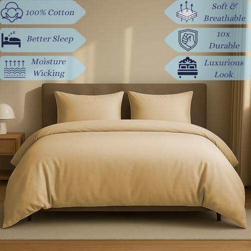 3 Sided Zipper Duvet Cover Set Full Size Beige – Soft 100% Egyptian