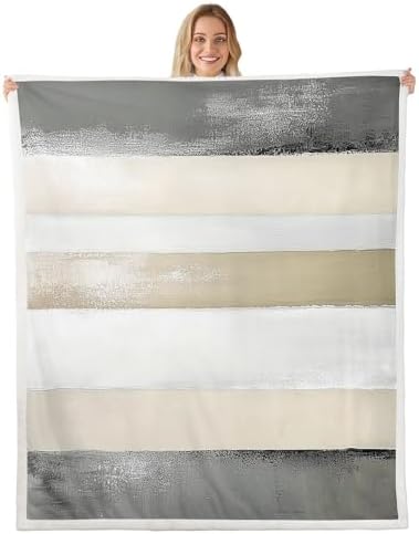 jejeloiu Gray Beige White Sherpa Blanket Plush Fuzzy Modern Abstract
