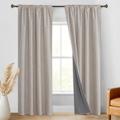 StangH Beige Full Blackout Linen Curtains 108 Inch for Bedroom 2