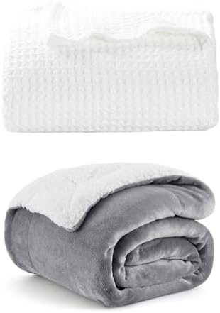 Bedsure Sherpa Blanket Grey King & Cotton Waffle Blanket White King