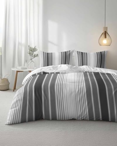 Duvet Cover Set Queen, Abstract Grey Gradient Stripe 3 Piece Bedding