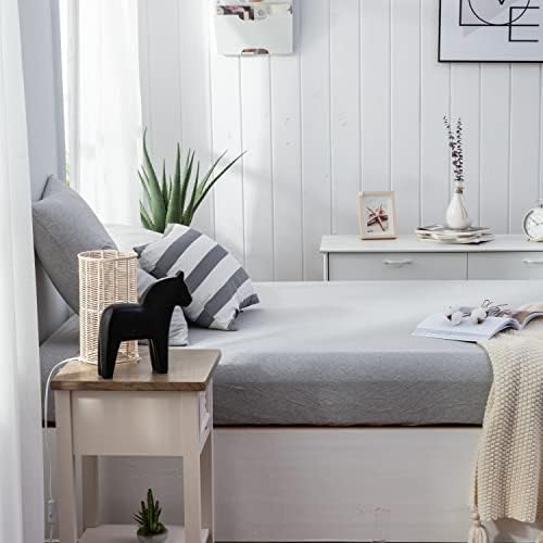 LIFETOWN Jersey Knit Cotton Fitted Sheet Queen Size Light Grey Fitted