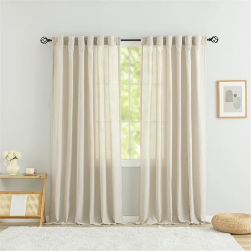 Beige Semi Sheer Linen Curtains 63 inch Long, Light Filtering Window