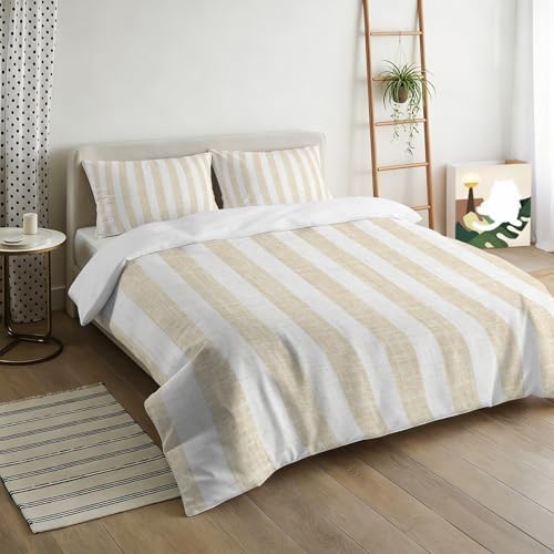 3 Pieces Bedding Set King Size, Beige Striped Soft Duvet Covers Set