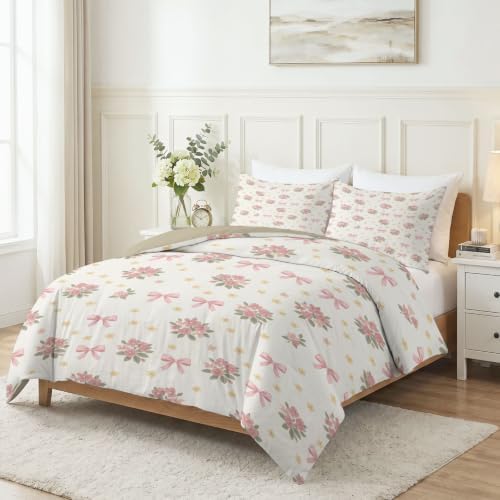 King Duvet Cover Set Soft Microfiber Pink Flowers