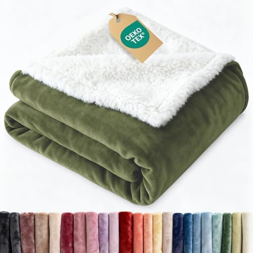 Sherpa Fleece Blanket Throw XL Size - Reversible Blanket - Olive, 50"
