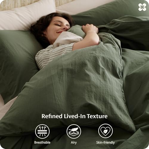 Bedsure PureWoven 100% Washed Cotton Duvet Cover Set, Queen Size, 3-PC